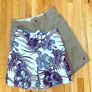 Old Navy swim trunks and LRG Khaki Shorts